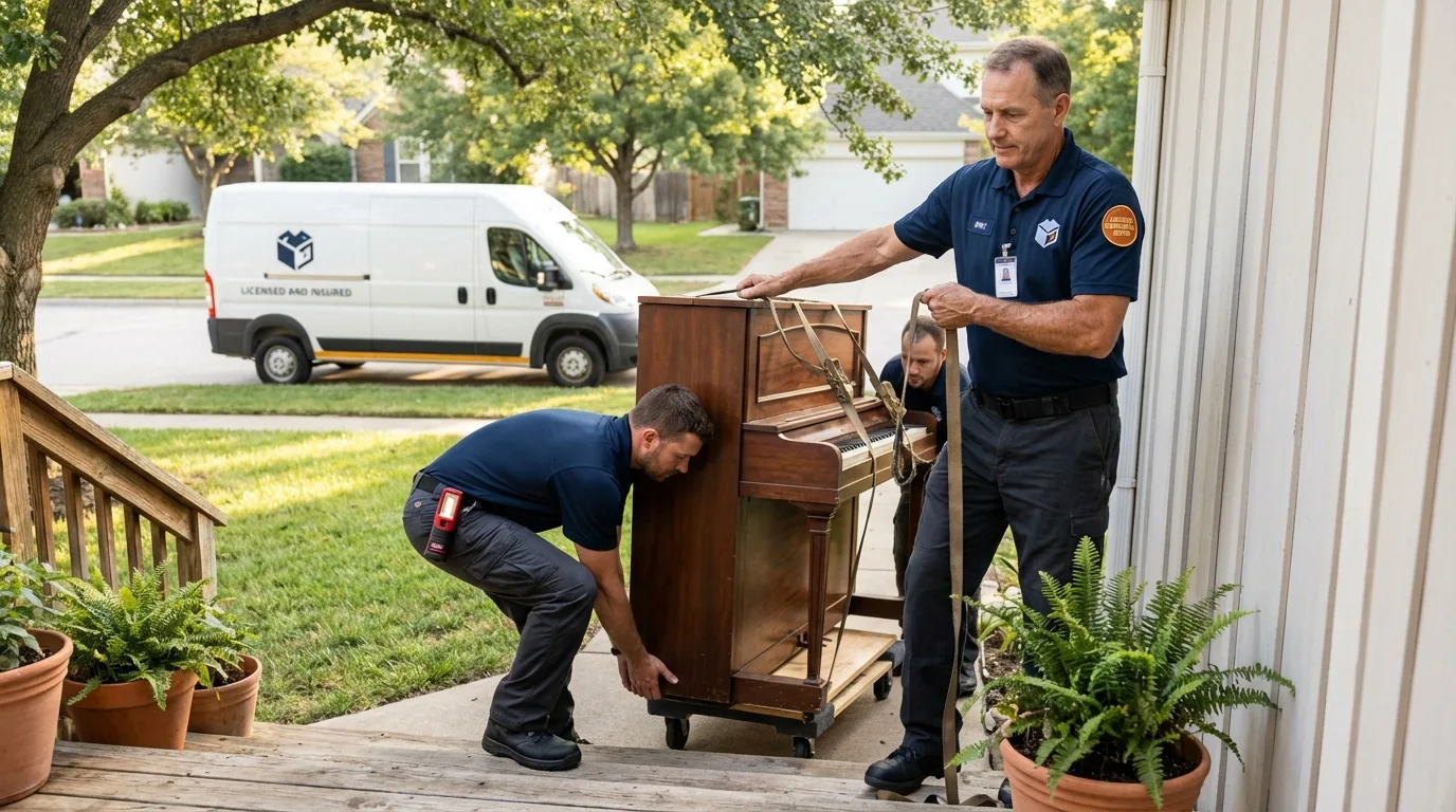 Licensed piano movers securing grand piano in Paradis, LA