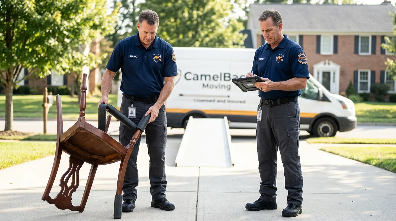 Movers inspecting furniture for damage prevention before loading in Paradis, LA