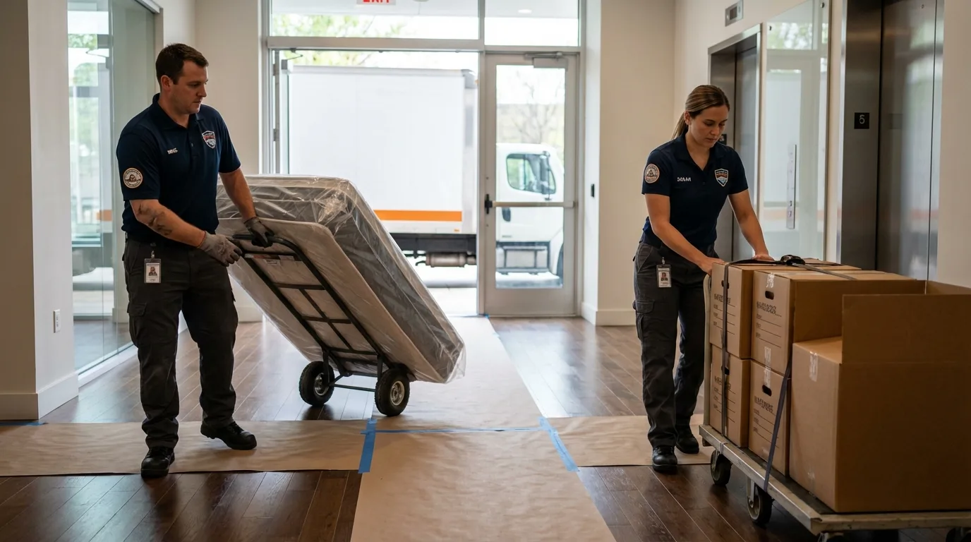 Professional apartment movers loading elevator in Paradis, LA