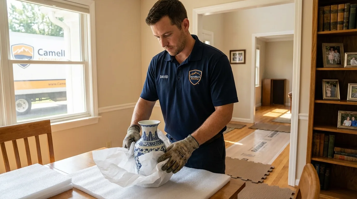 Professional crew carefully wrapping antique vase for senior downsizing move in Paradis, LA