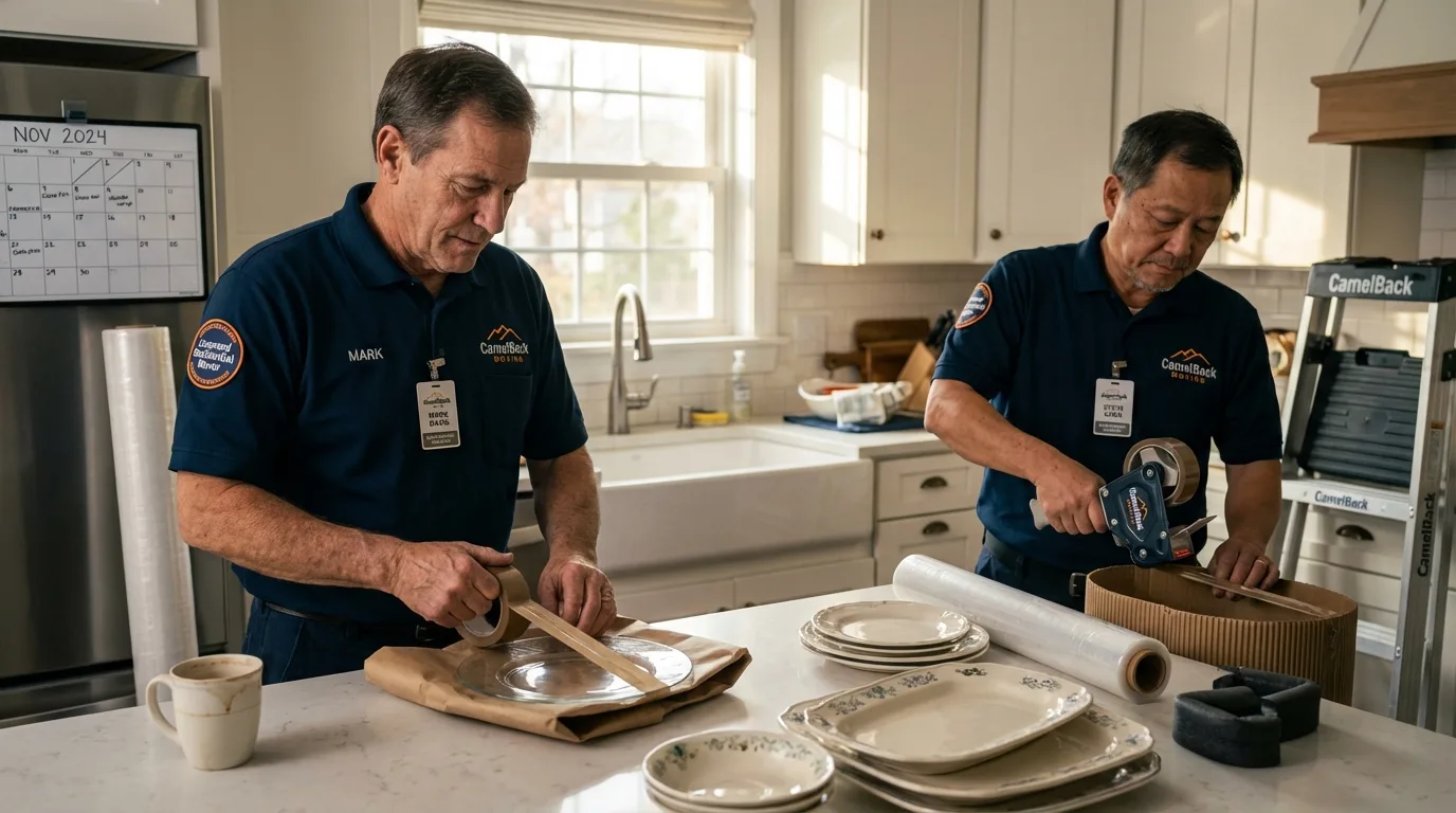 Professional crew packing kitchen dishware in Paradis, LA